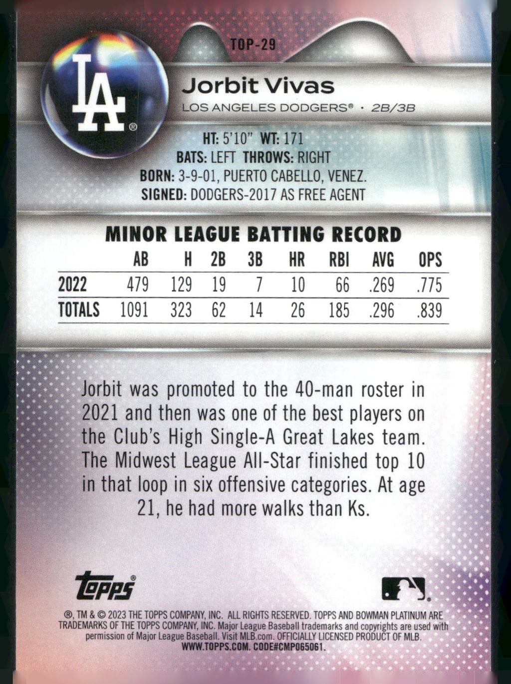 2023 Bowman Platinum #TOP-29 Jorbit Vivas Top Prospects