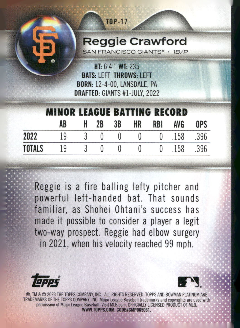 2023 Bowman Platinum #TOP-17 Reggie Crawford Top Prospects
