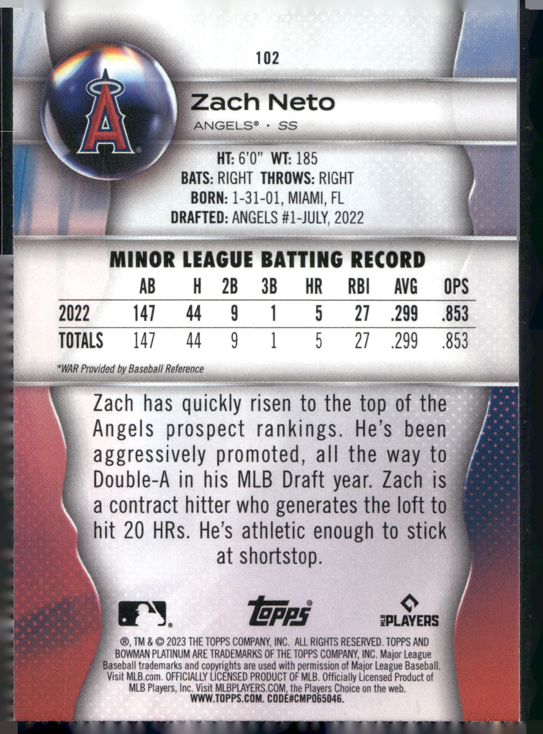 2023 Bowman Platinum #102 Zach Neto