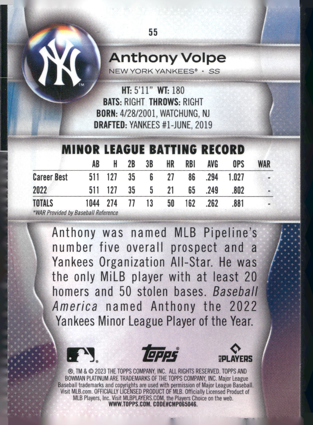 2023 Bowman Platinum #55 Anthony Volpe