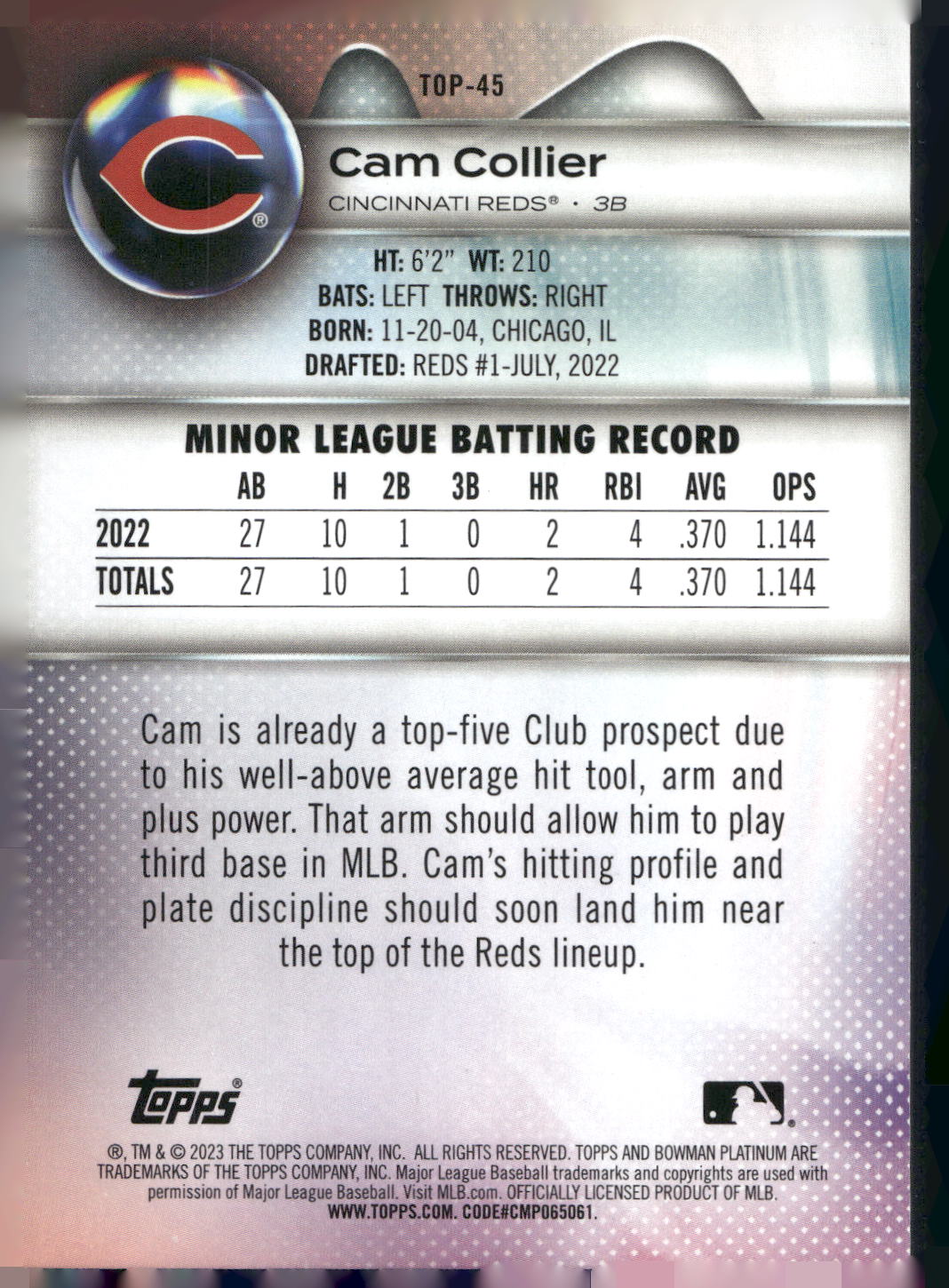 2023 Bowman Platinum #TOP-45 Cam Collier Top Prospects