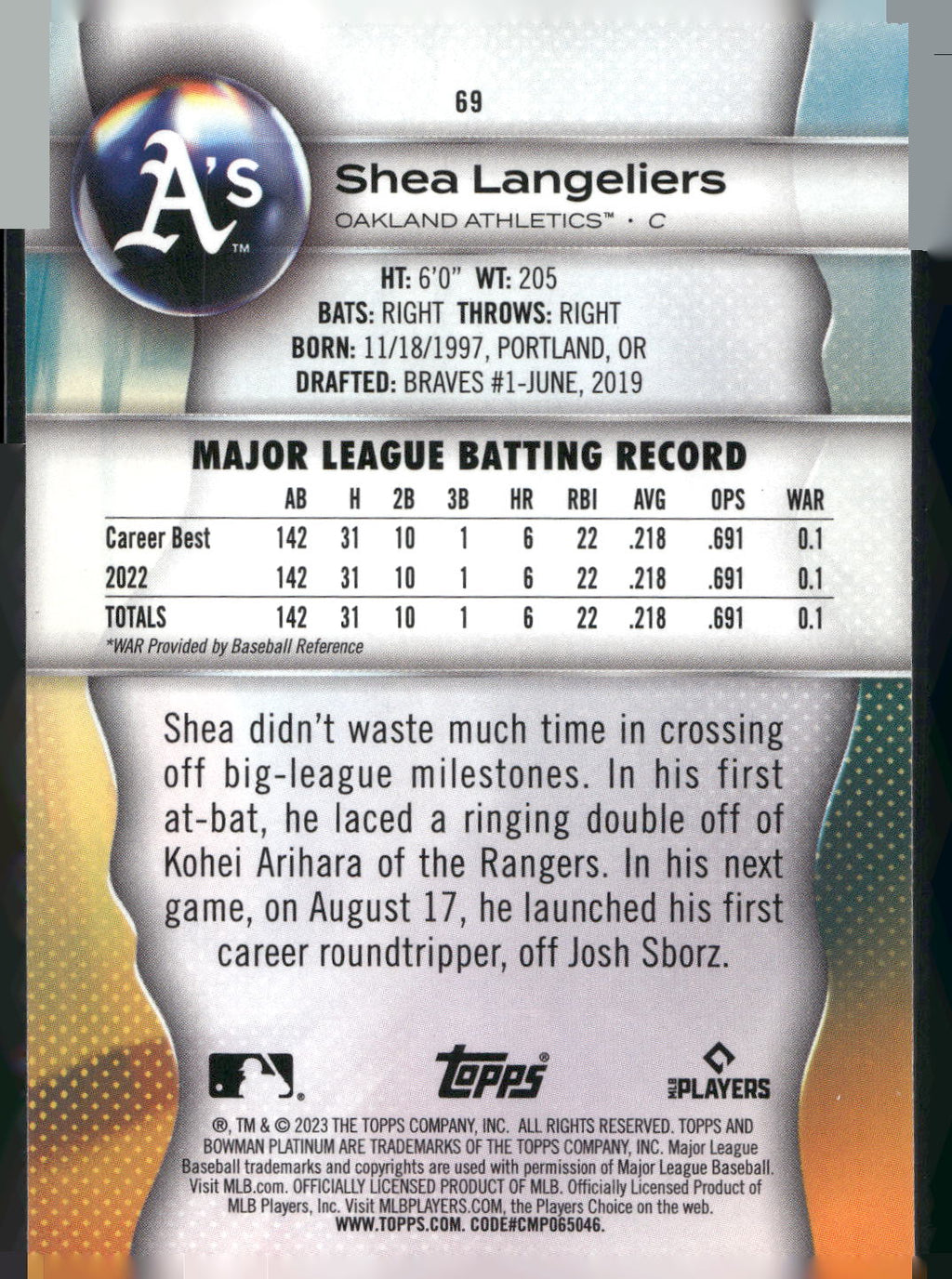 2023 Bowman Platinum #69 Shea Langeliers