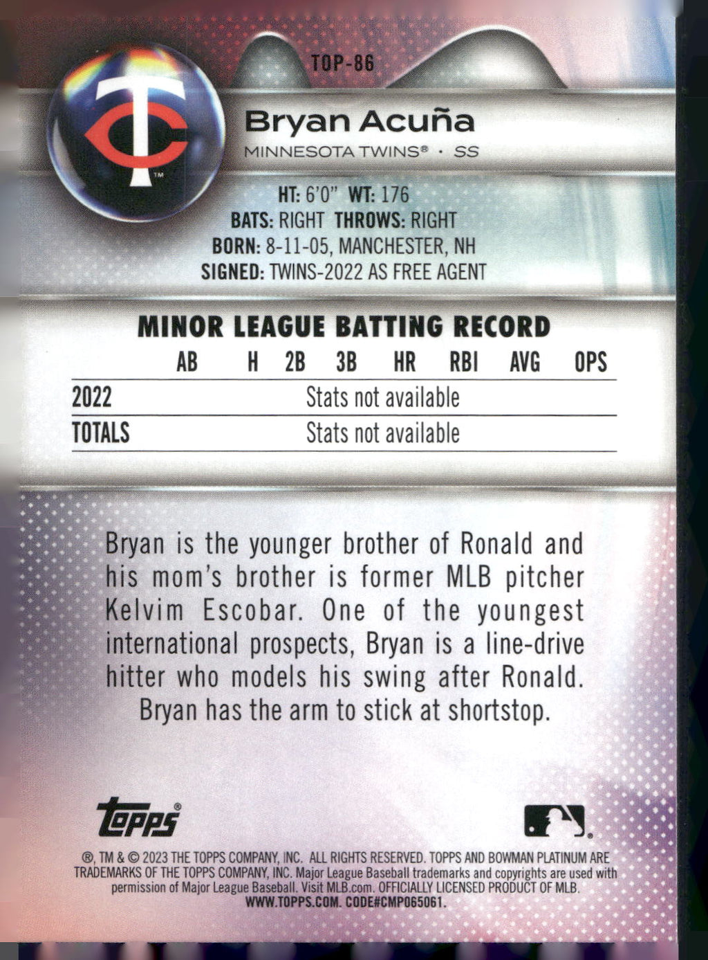 2023 Bowman Platinum #TOP-86 Bryan Acuña Top Prospects