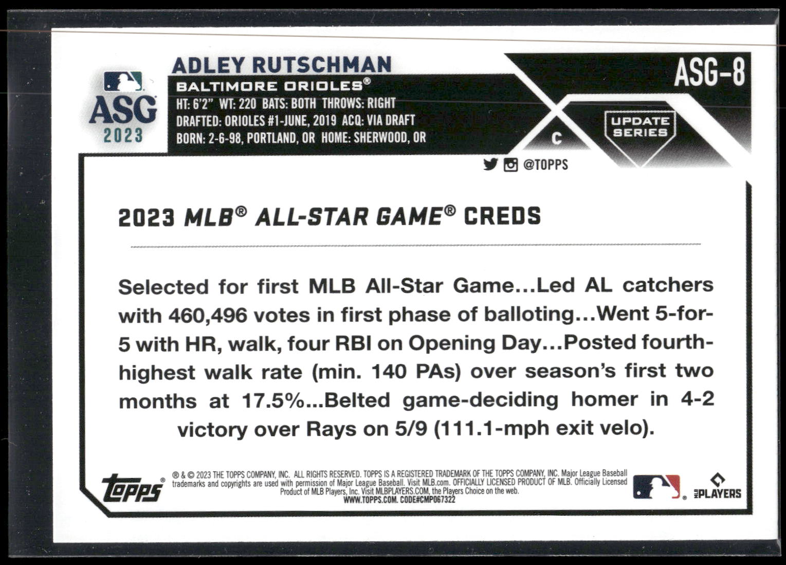 2023 Topps Update #ASG-8 Adley Rutschman 2023 All-Star Game