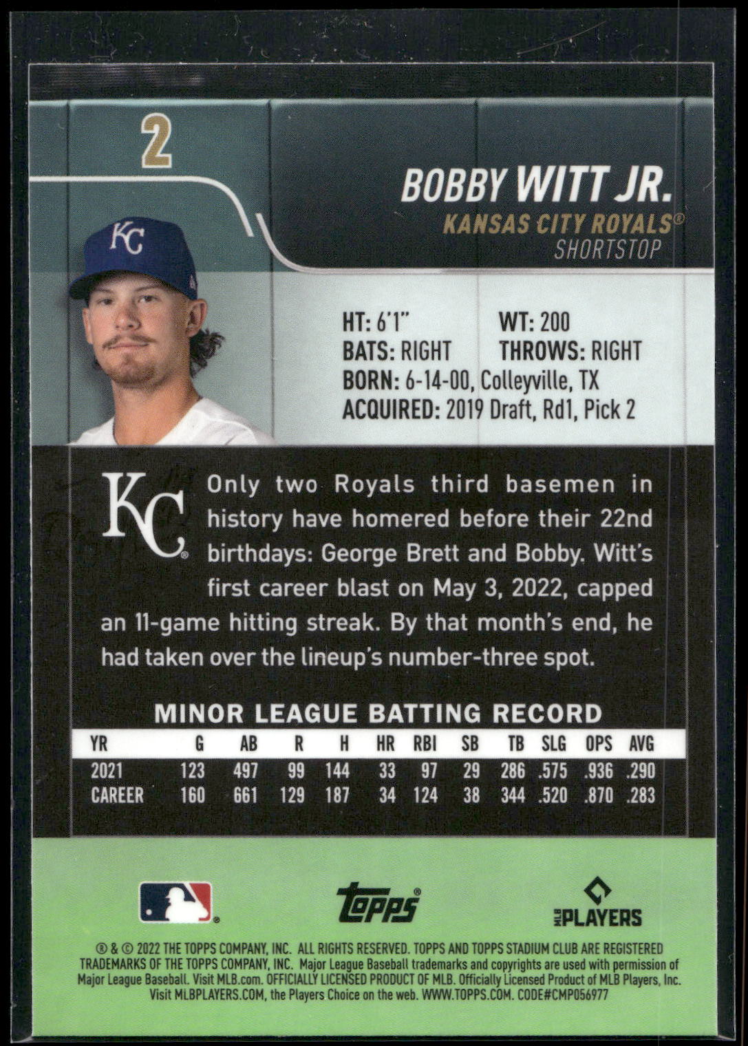 2022 Topps Stadium Club Bobby Witt Jr. Rookie Card #2