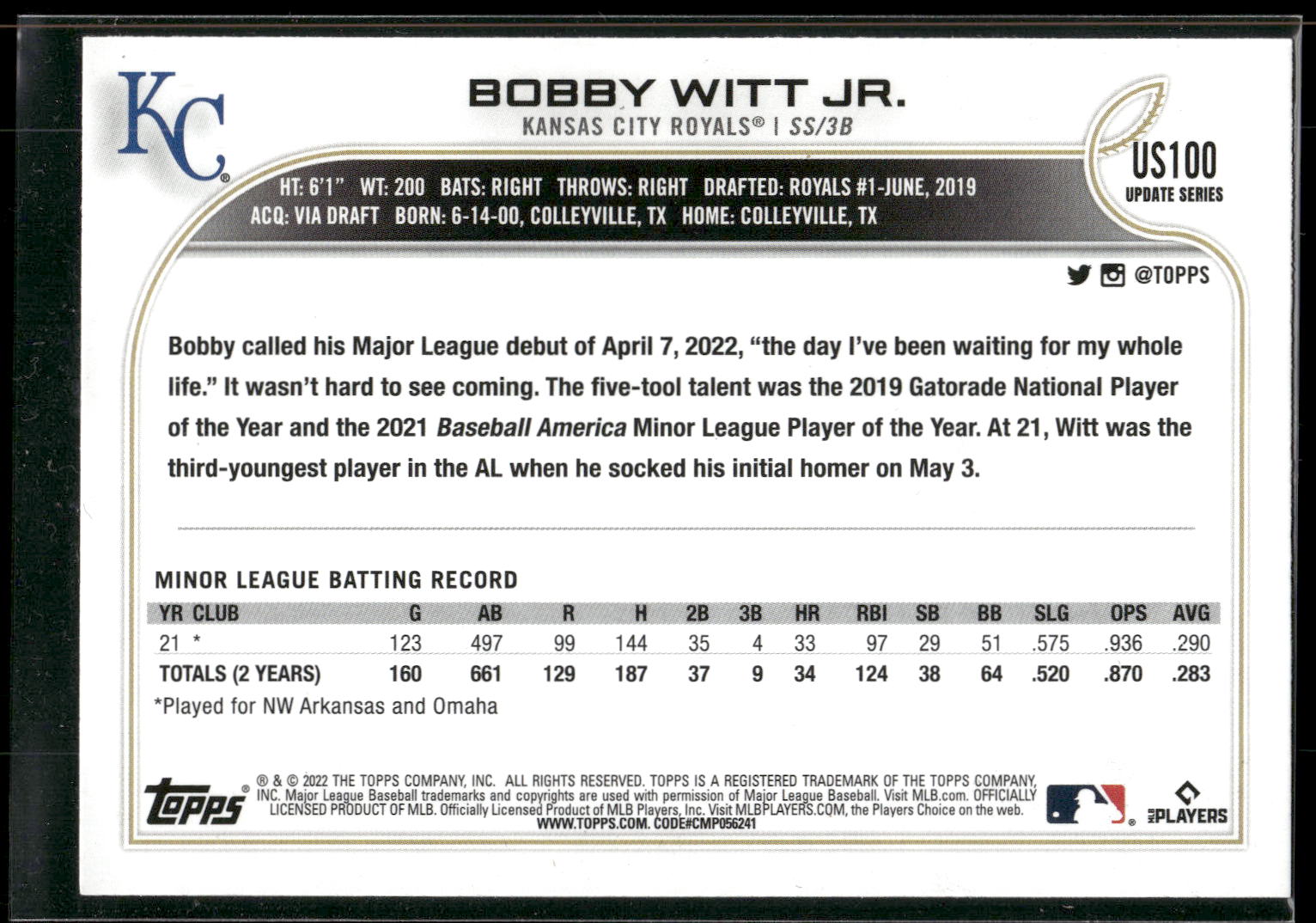 2022 Topps Update #US100 Bobby Witt Jr.