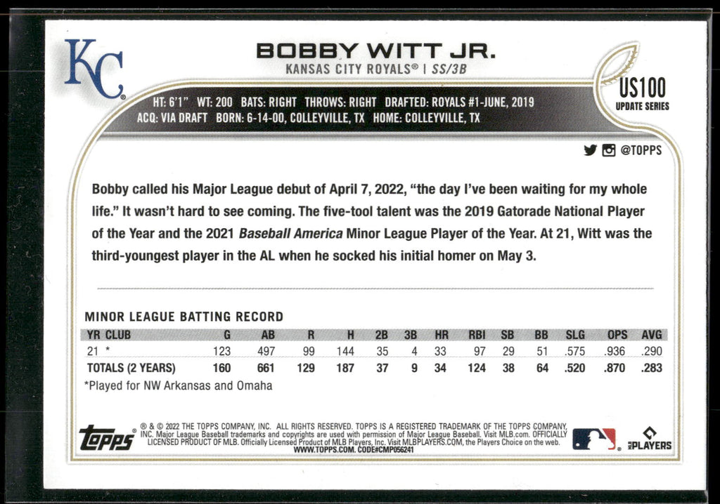2022 Topps Update #US100 Bobby Witt Jr.