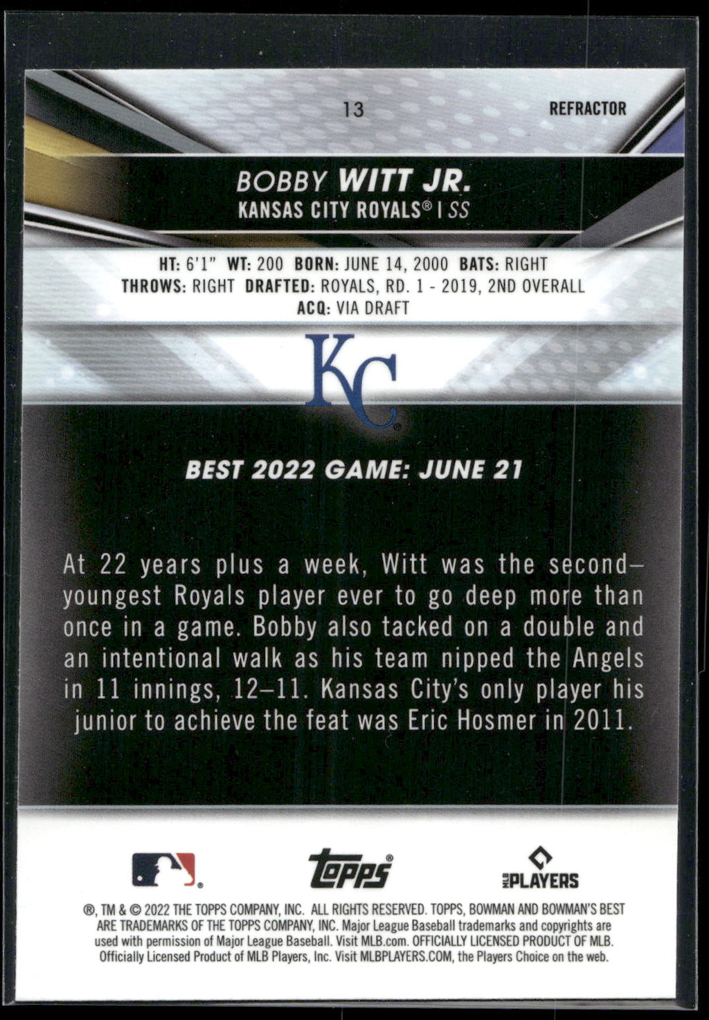 2022 Bowman's Best #13 Bobby Witt Jr. Refractor