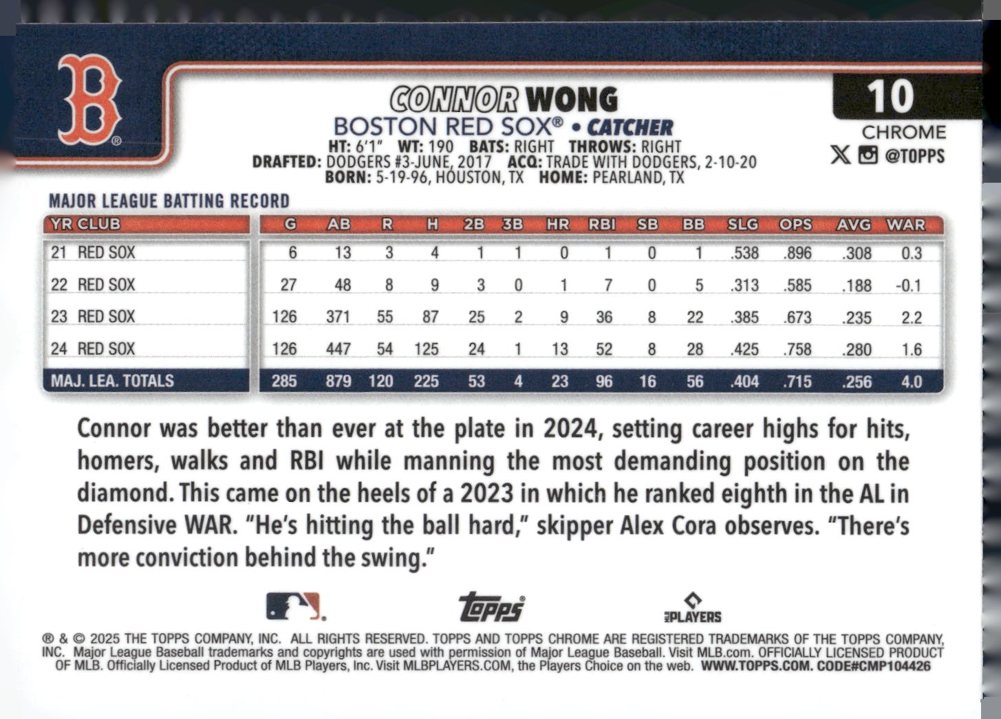 2025 Topps Chrome #10 Connor Wong RayWave Refractors