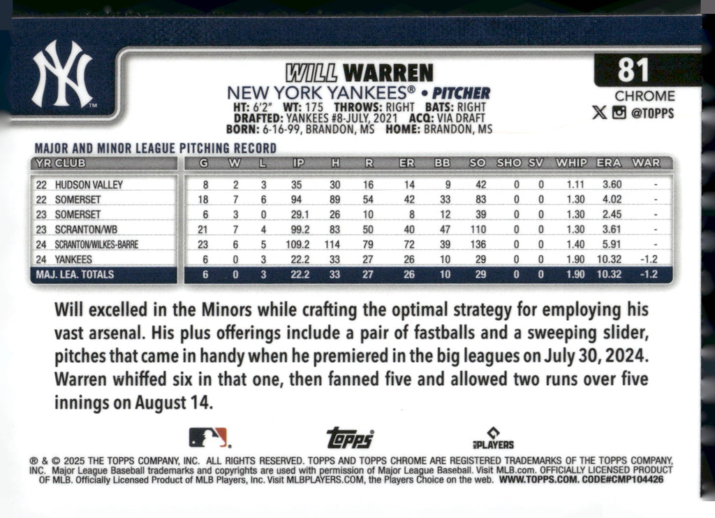 2025 Topps Chrome #81 Will Warren Sepia Refractors