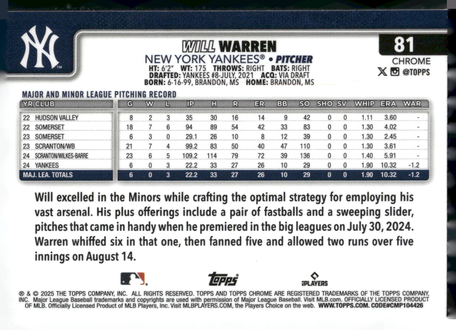 2025 Topps Chrome #81 Will Warren Sepia Refractors