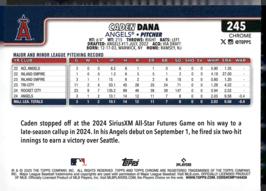 2025 Topps Chrome #245 Caden Dana RayWave Refractors