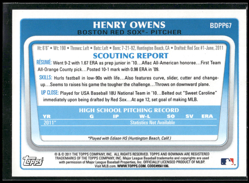 2011 Bowman Draft Picks & Prospects #BDPP67 Henry Owens Prospects