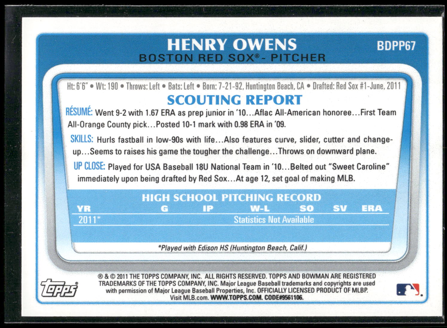2011 Bowman Draft Picks & Prospects #BDPP67 Henry Owens Prospects
