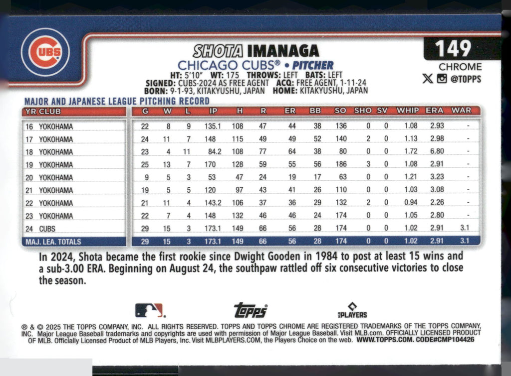 2025 Topps Chrome #149 Shota Imanaga Prism Refractors