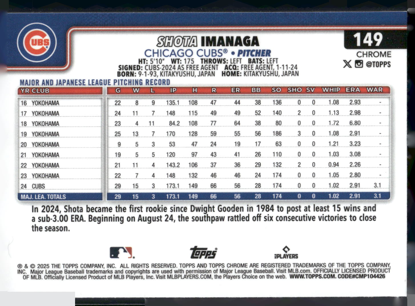 2025 Topps Chrome #149 Shota Imanaga Prism Refractors