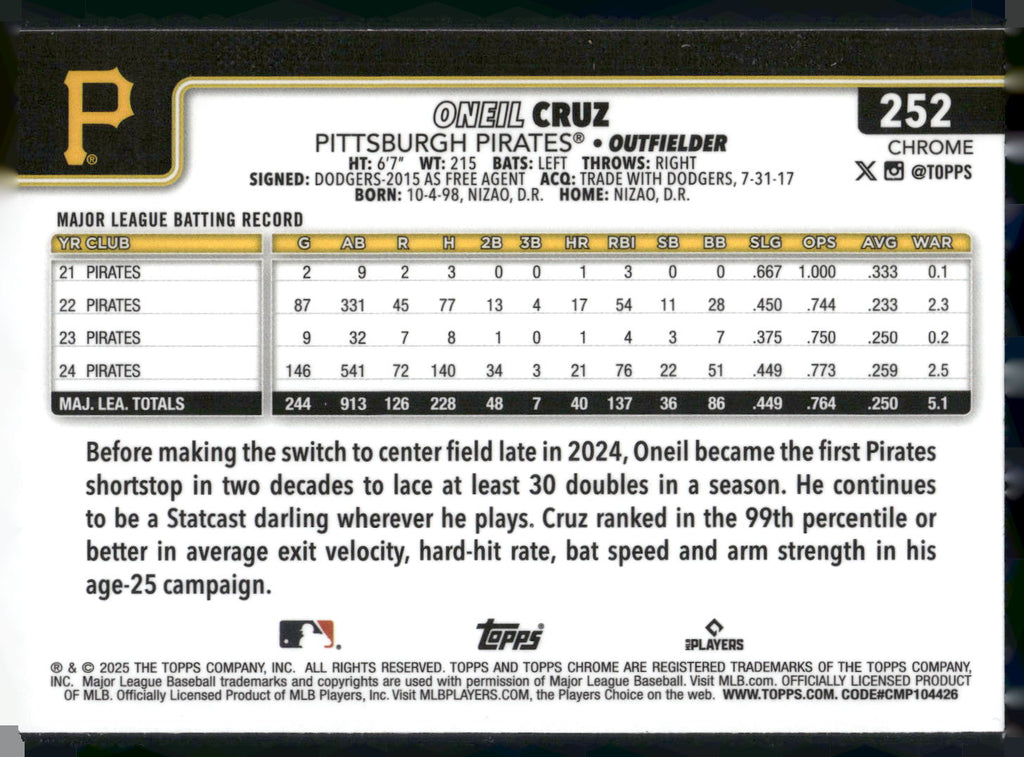 2025 Topps Chrome #252 Oneil Cruz Sepia Refractors