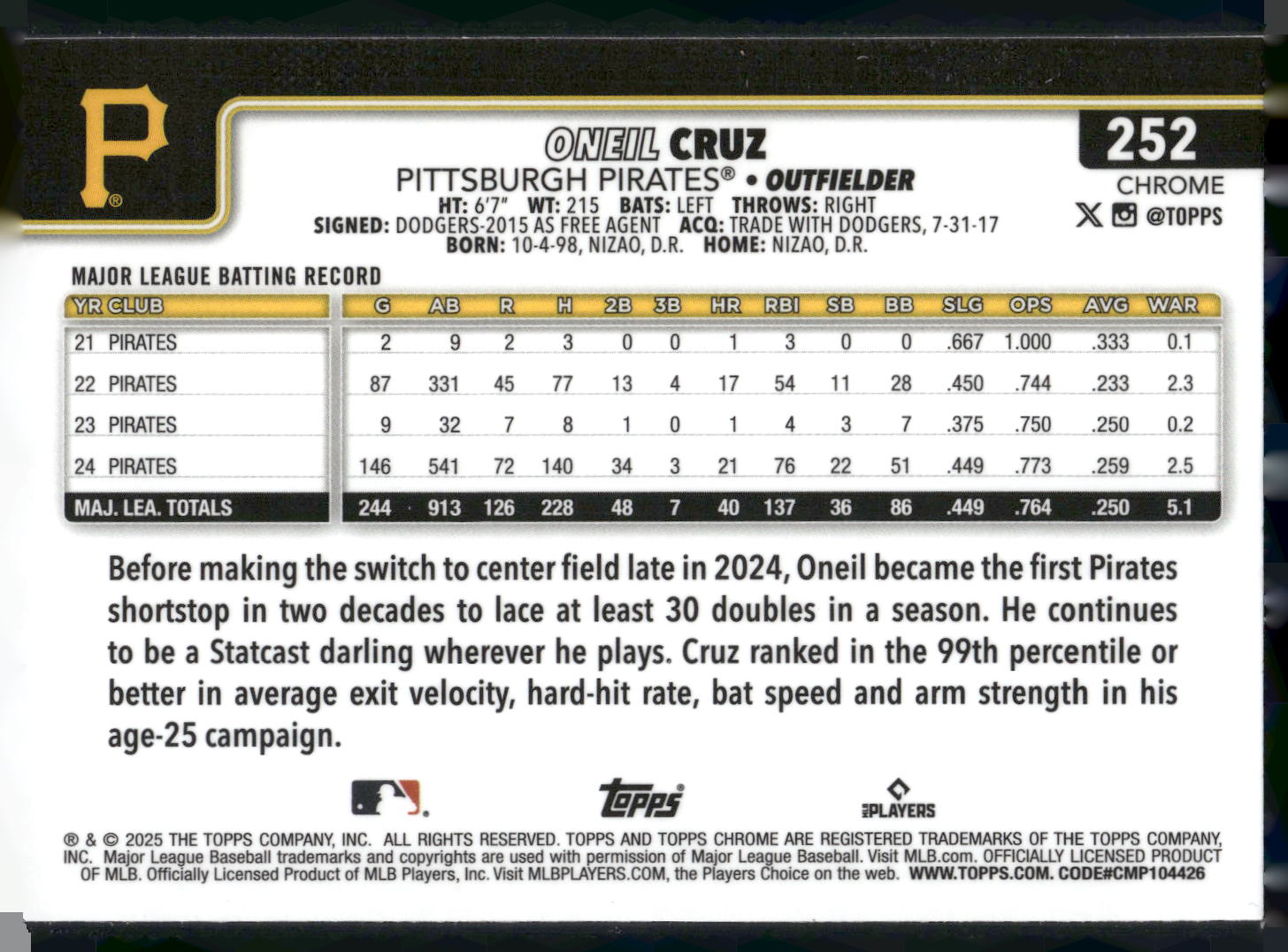 2025 Topps Chrome #252 Oneil Cruz Sepia Refractors