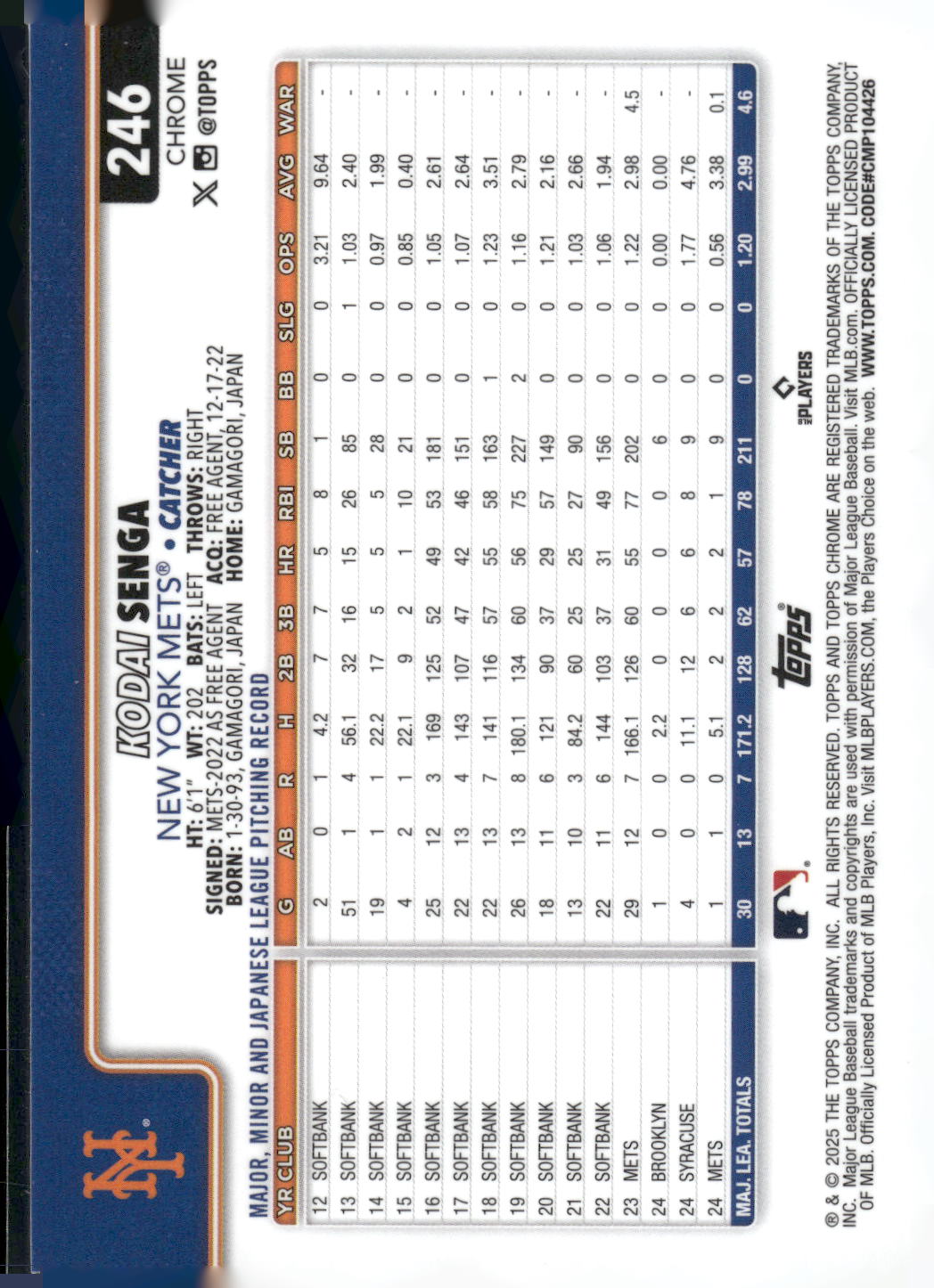 2025 Topps Chrome #246 Kodai Senga Sepia Refractors