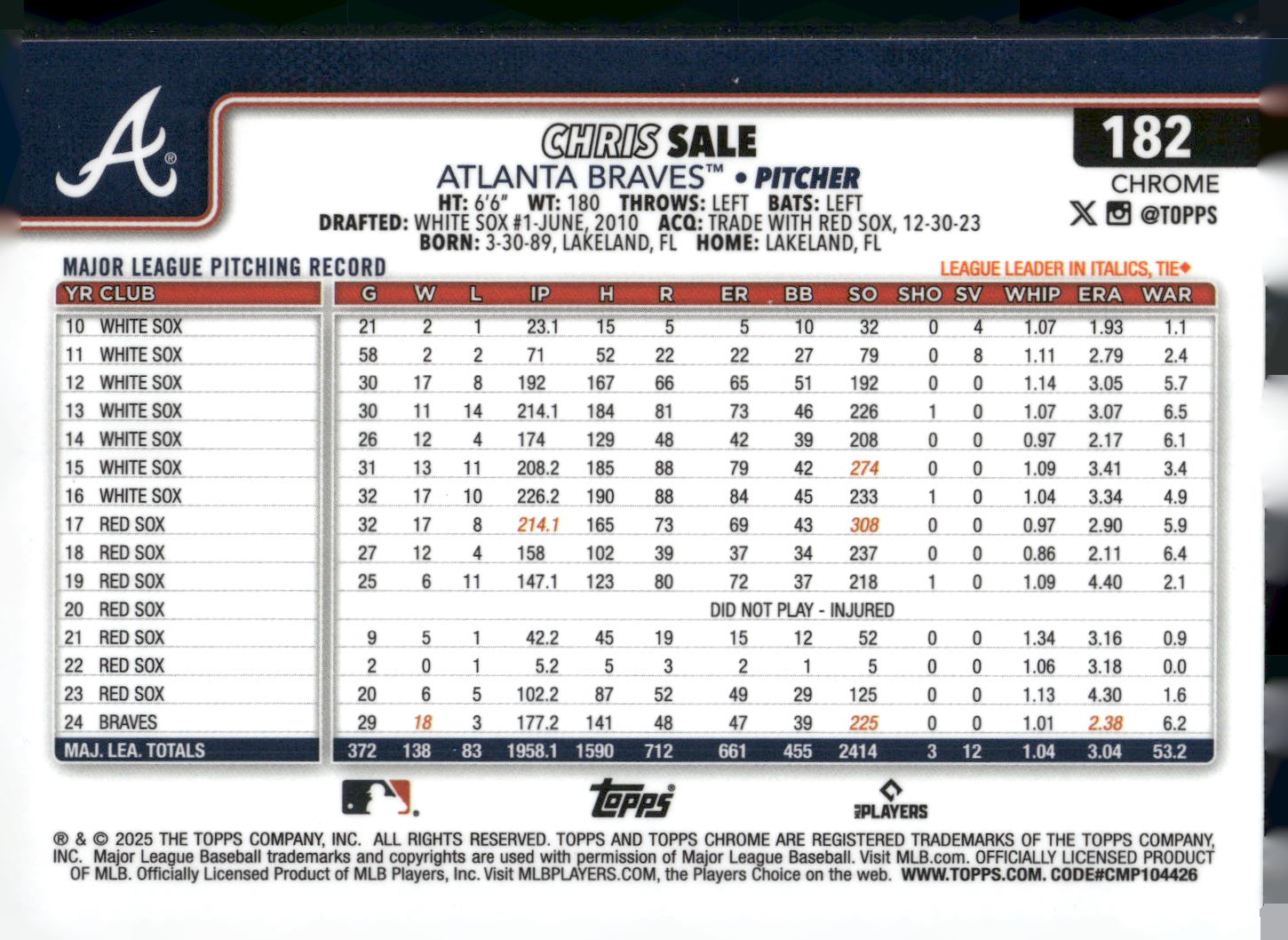 2025 Topps Chrome #182 Chris Sale Sepia Refractors