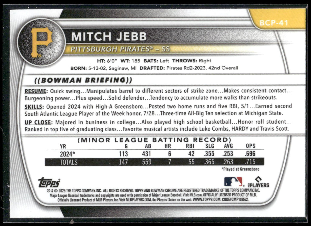 2025 Bowman #BCP-41 Mitch Jebb Chrome Prospects Mojo Refractor