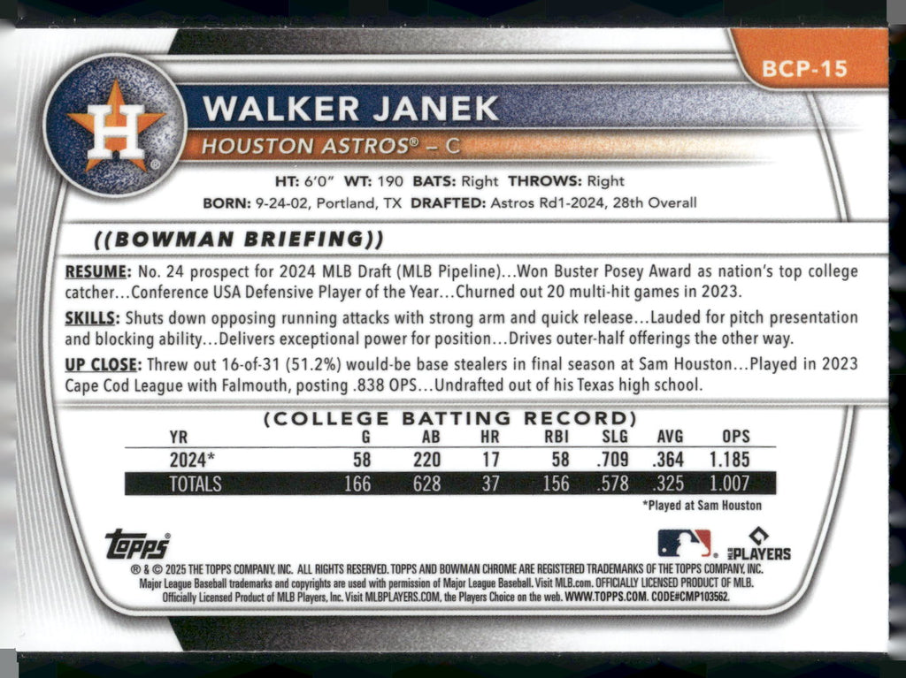 2025 Bowman #BCP-15 Walker Janek Chrome Prospects Mojo Refractor