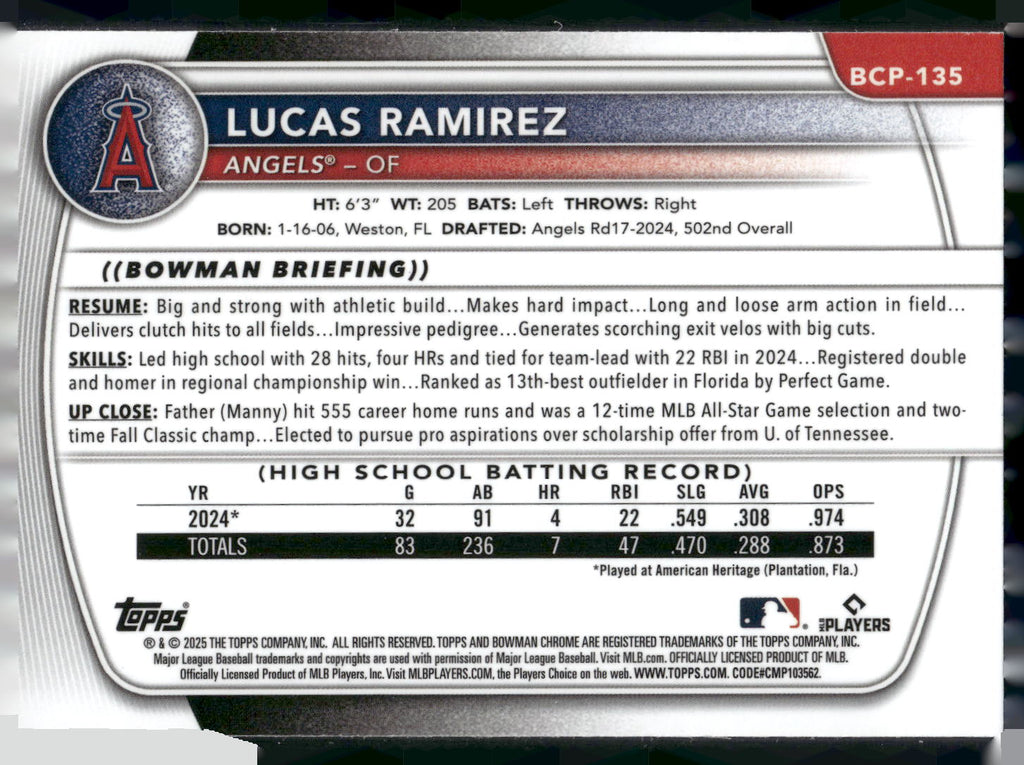 2025 Bowman #BCP-135 Lucas Ramirez Chrome Prospects Mojo Refractor