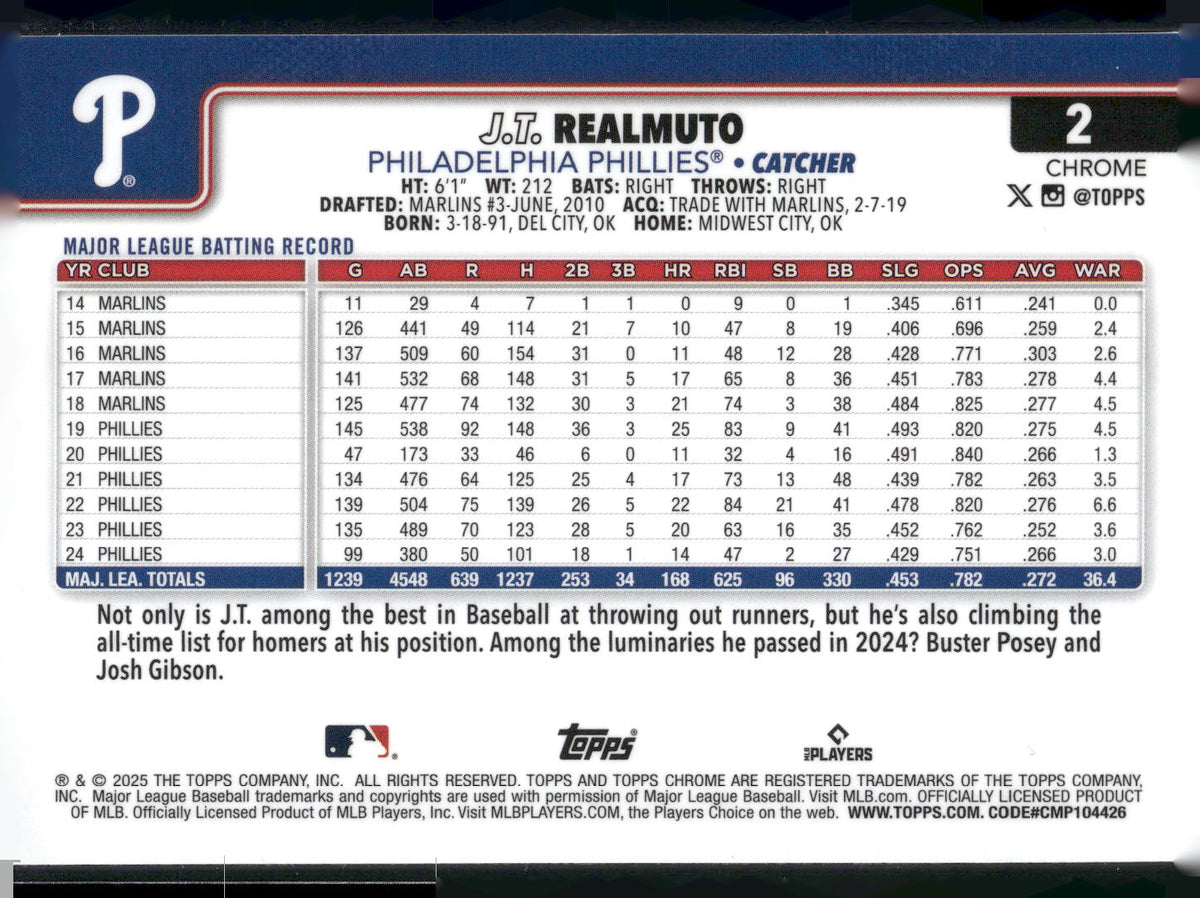 2025 Topps Chrome #2 J.T. Realmuto Sepia Refractor
