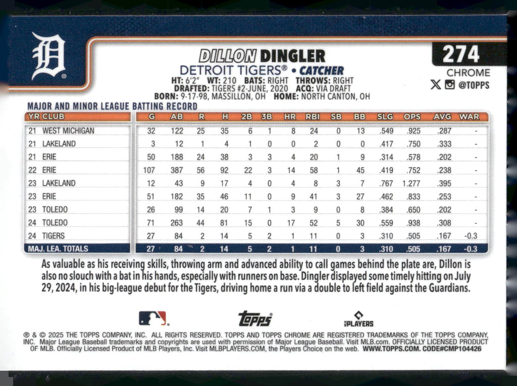 2025 Topps Chrome #274 Dillon Dingler Sepia Refractors
