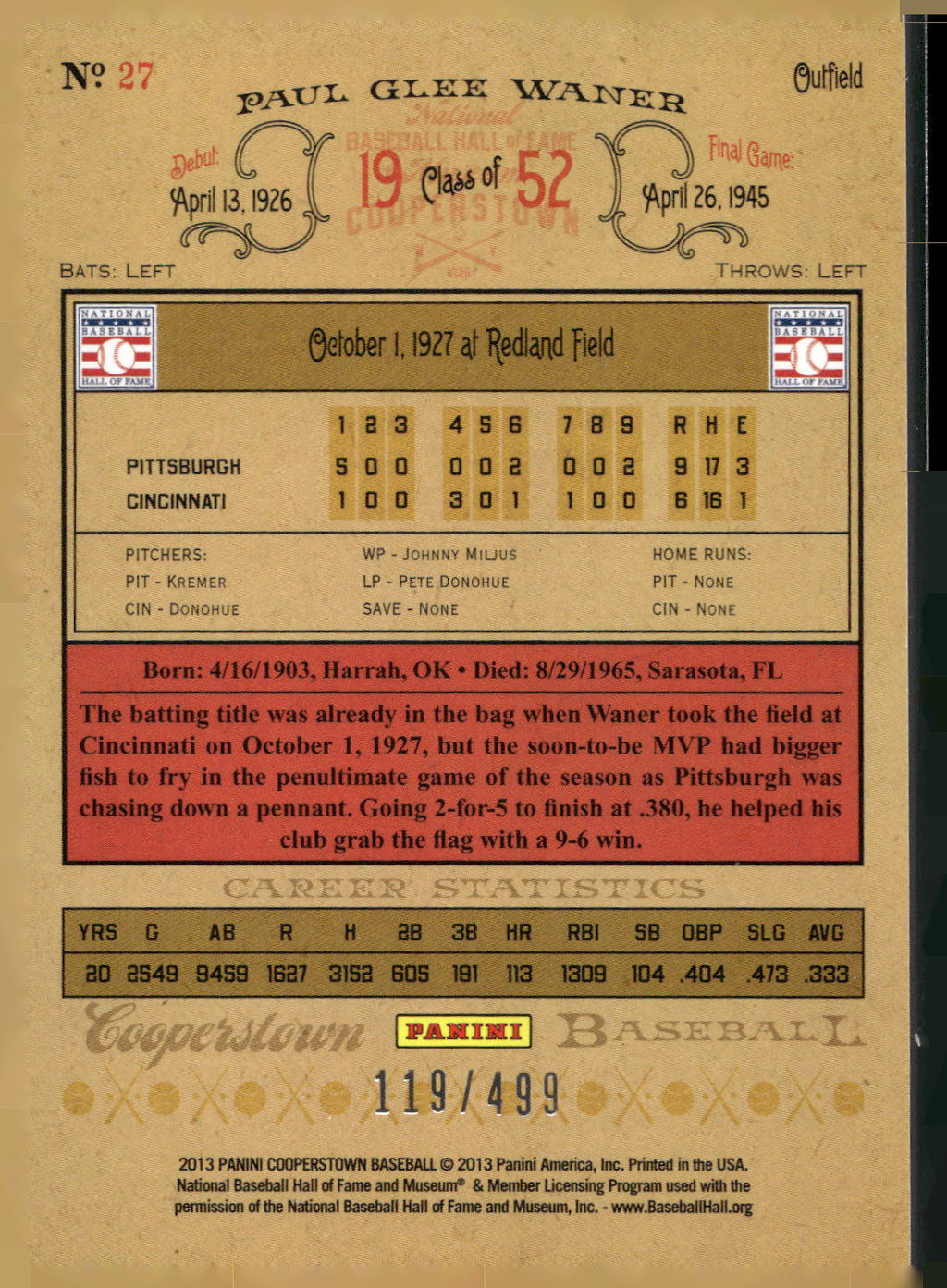 2013 Panini Cooperstown #27 Paul Waner Blue Crystal #/499