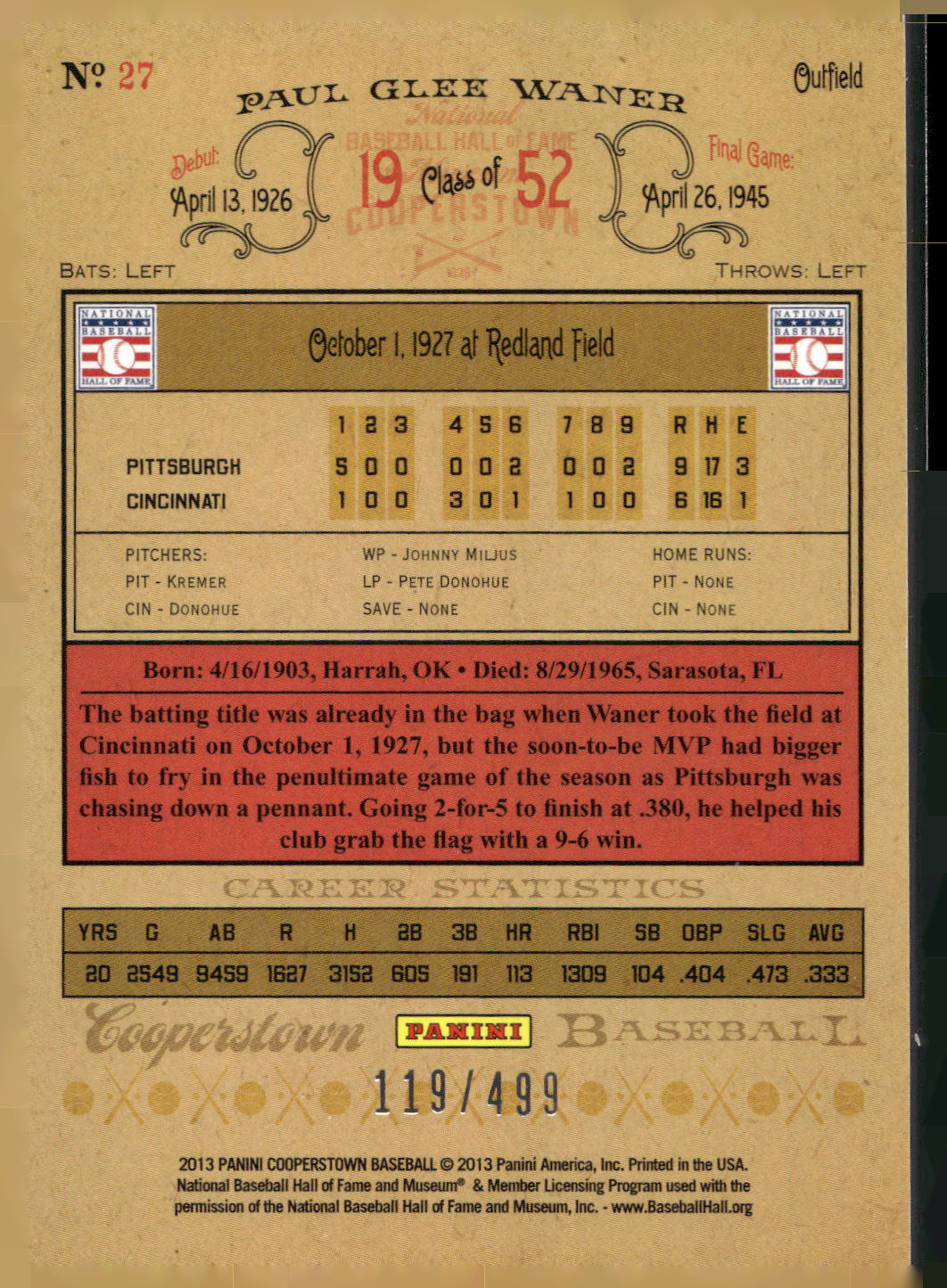 2013 Panini Cooperstown #27 Paul Waner Blue Crystal #/499