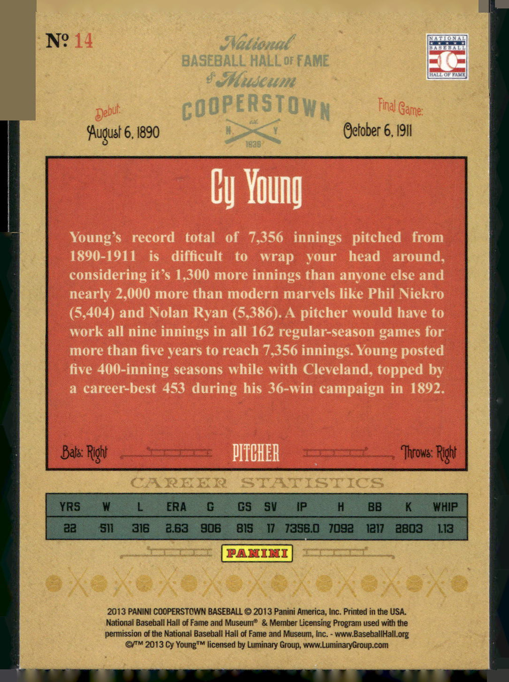 2013 Panini Cooperstown #14 Cy Young Numbers Game