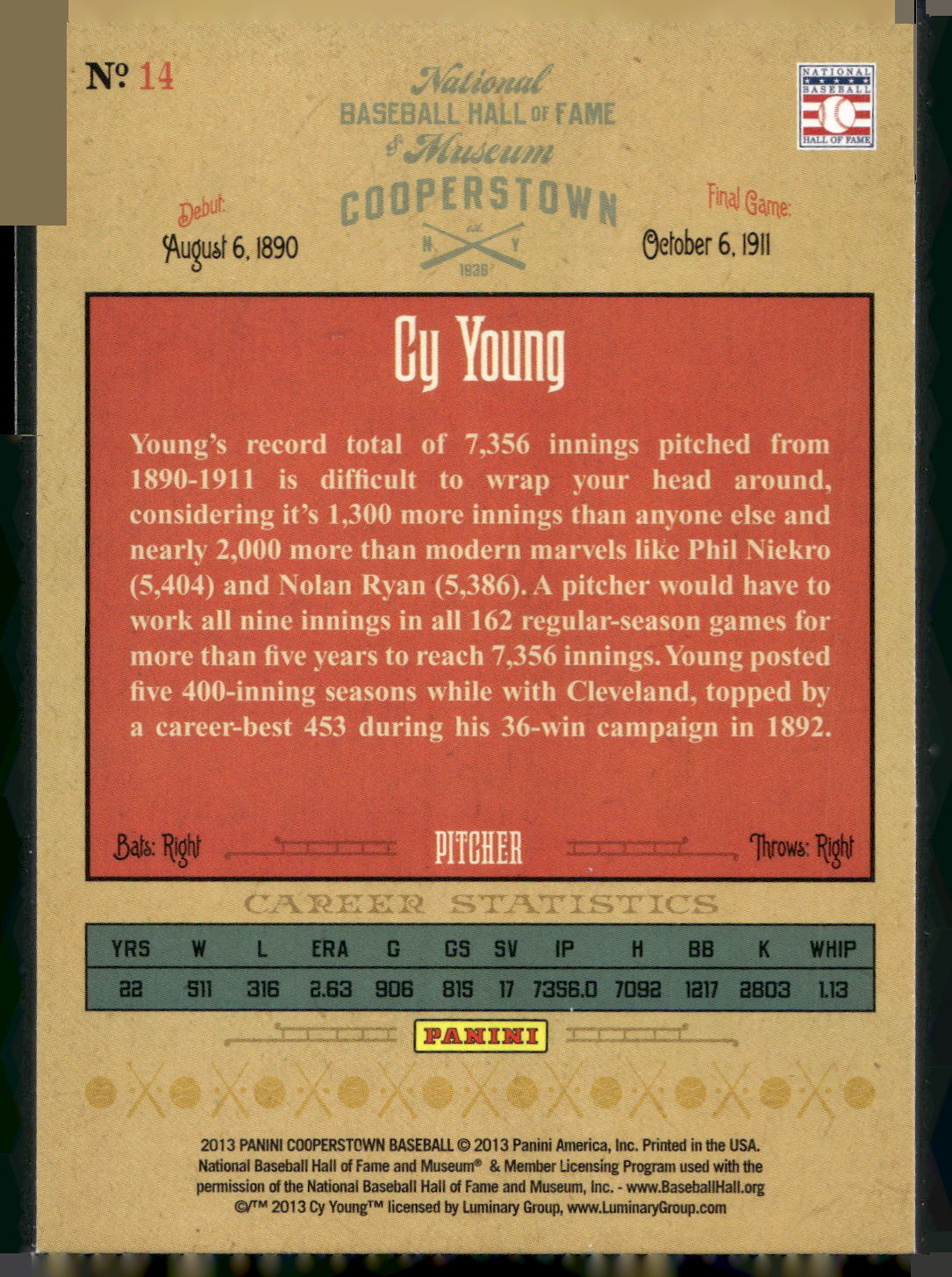 2013 Panini Cooperstown #14 Cy Young Numbers Game