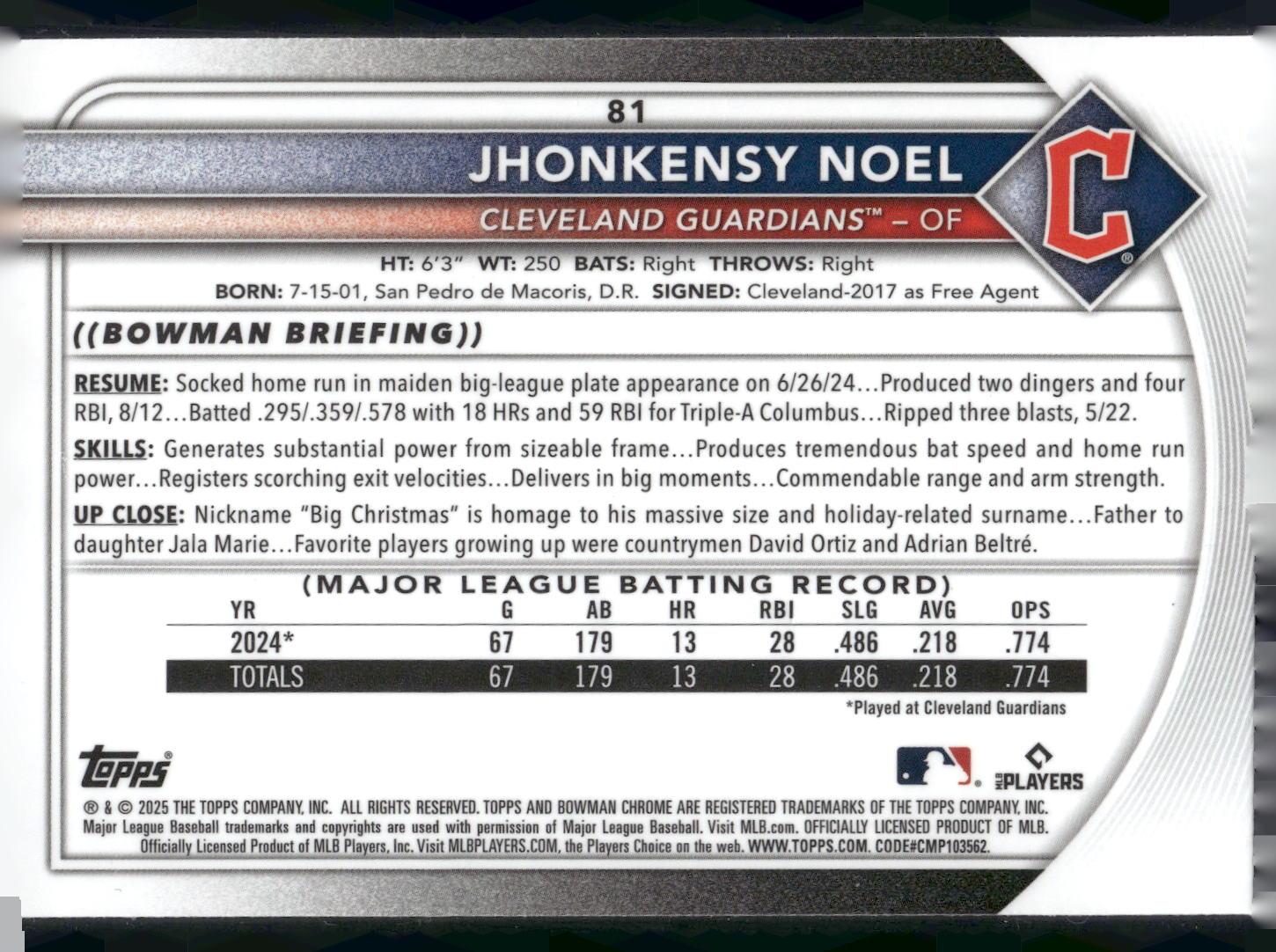 2025 Bowman #81 Jhonkensy Noel Chrome Mojo Refractor