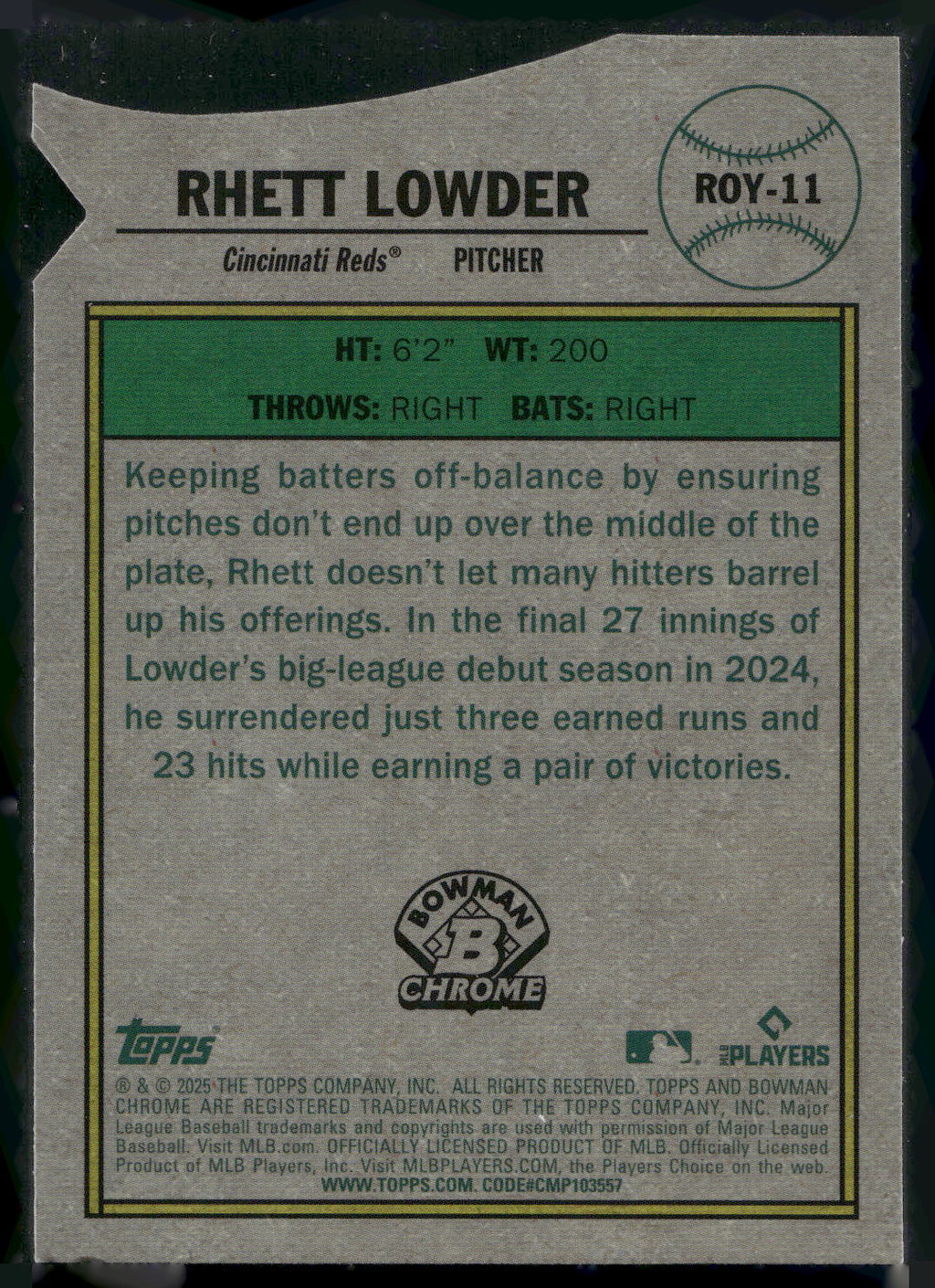 2025 Bowman #ROY-11 Rhett Lowder Rookie of the Year Favorites Mojo Refractor