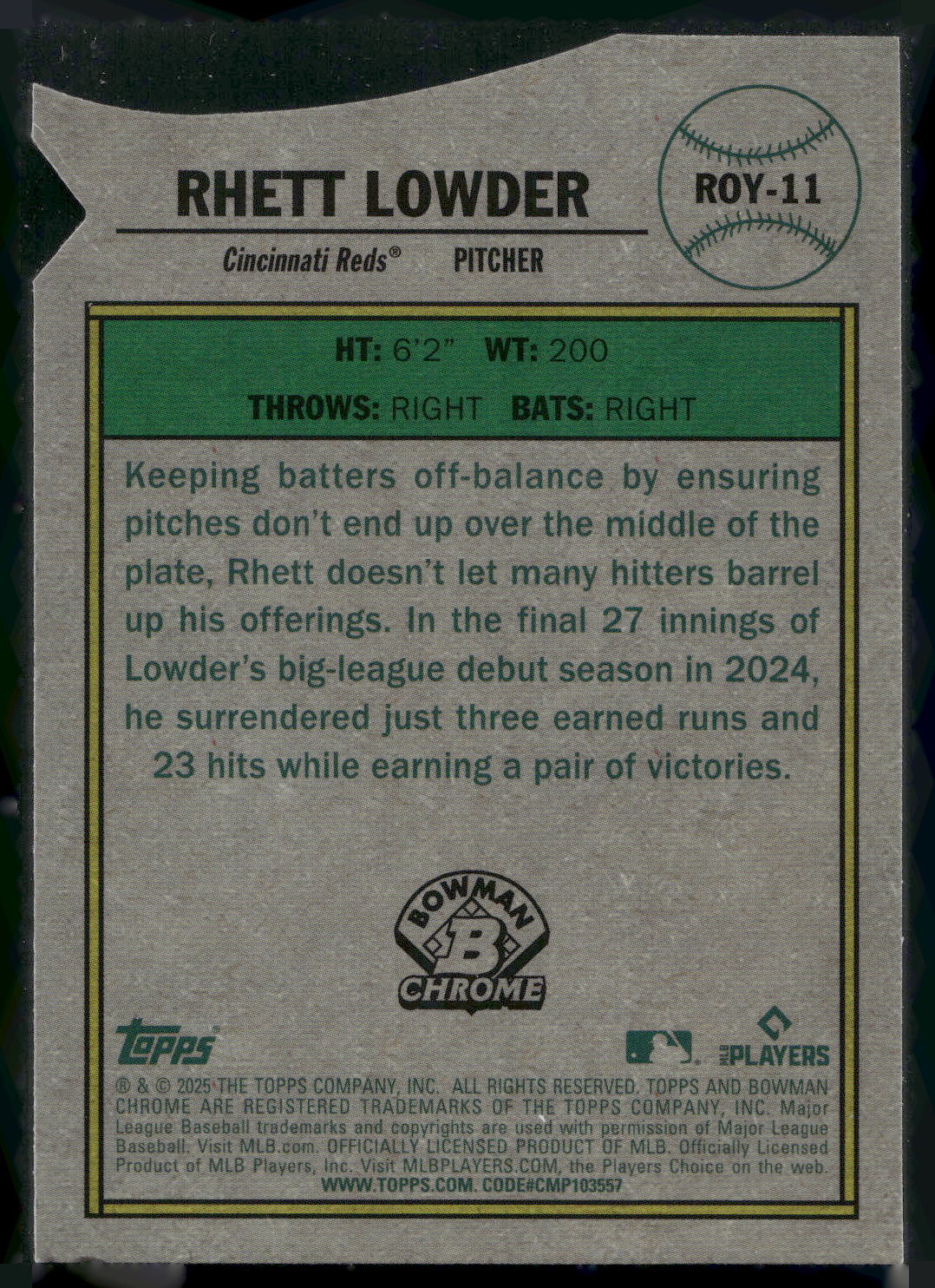 2025 Bowman #ROY-11 Rhett Lowder Rookie of the Year Favorites Mojo Refractor