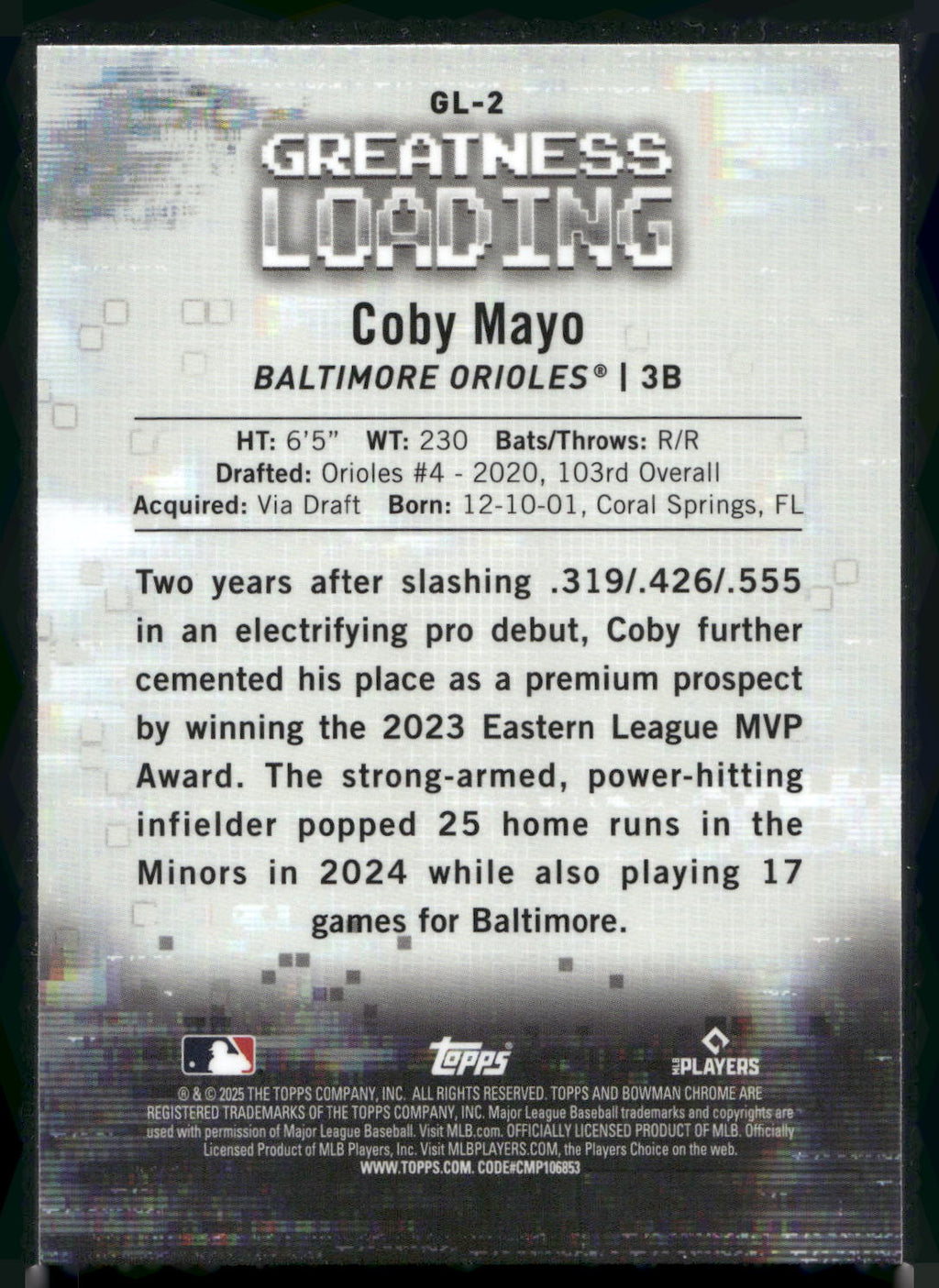 2025 Bowman #GL-2 Coby Mayo Greatness Loading