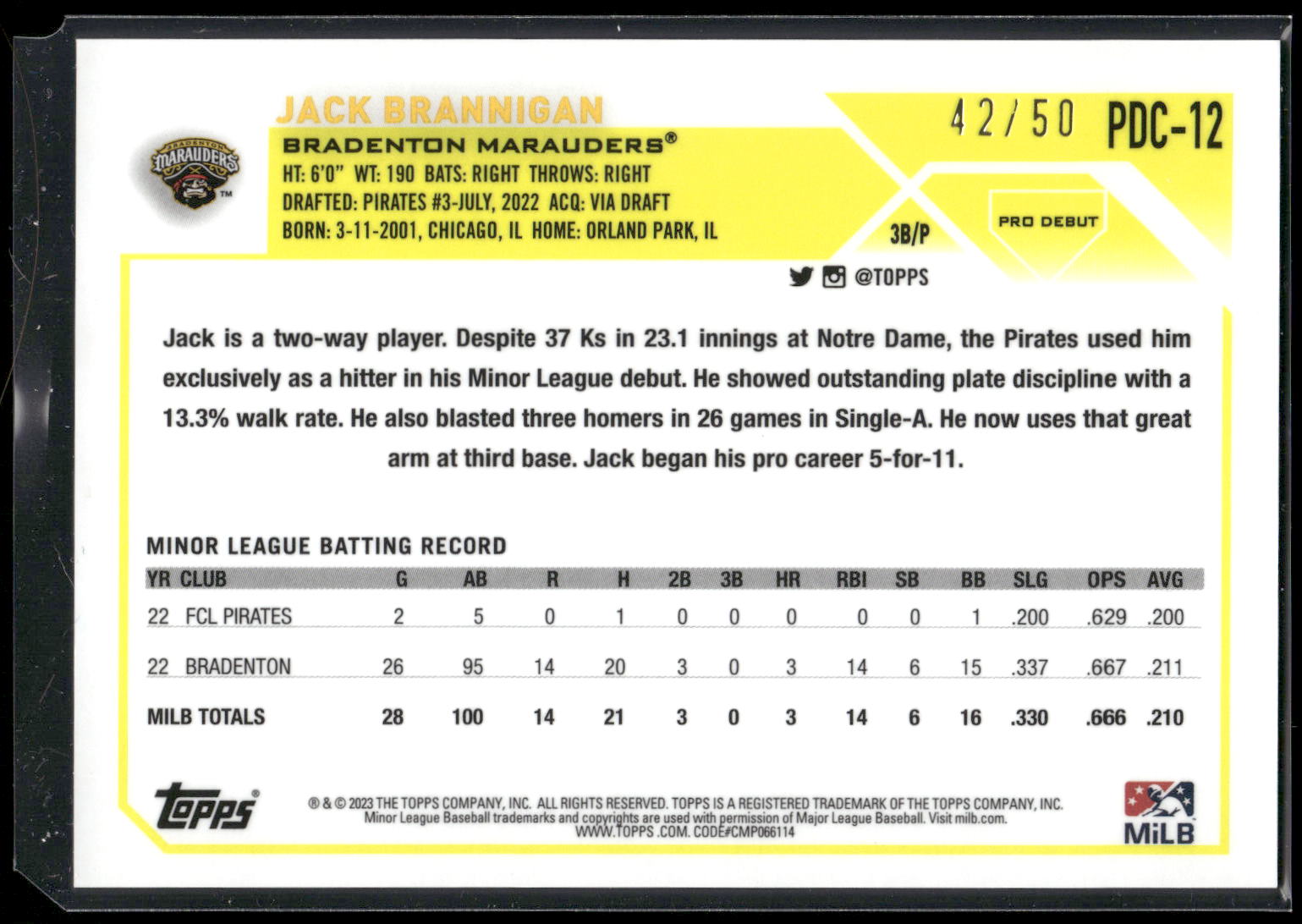 2023 Topps Pro Debut #PDC-12 Jack Brannigan Chrome Gold Refractor #/50