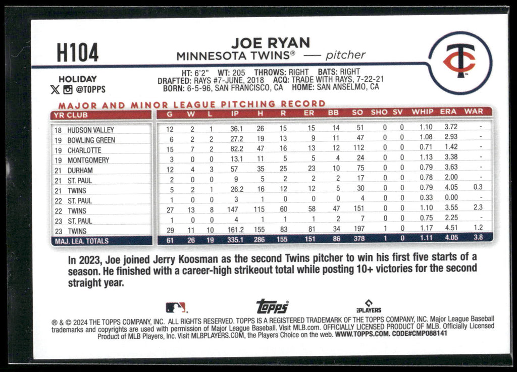 2024 Topps Holiday #H104 Joe Ryan Holiday Tree