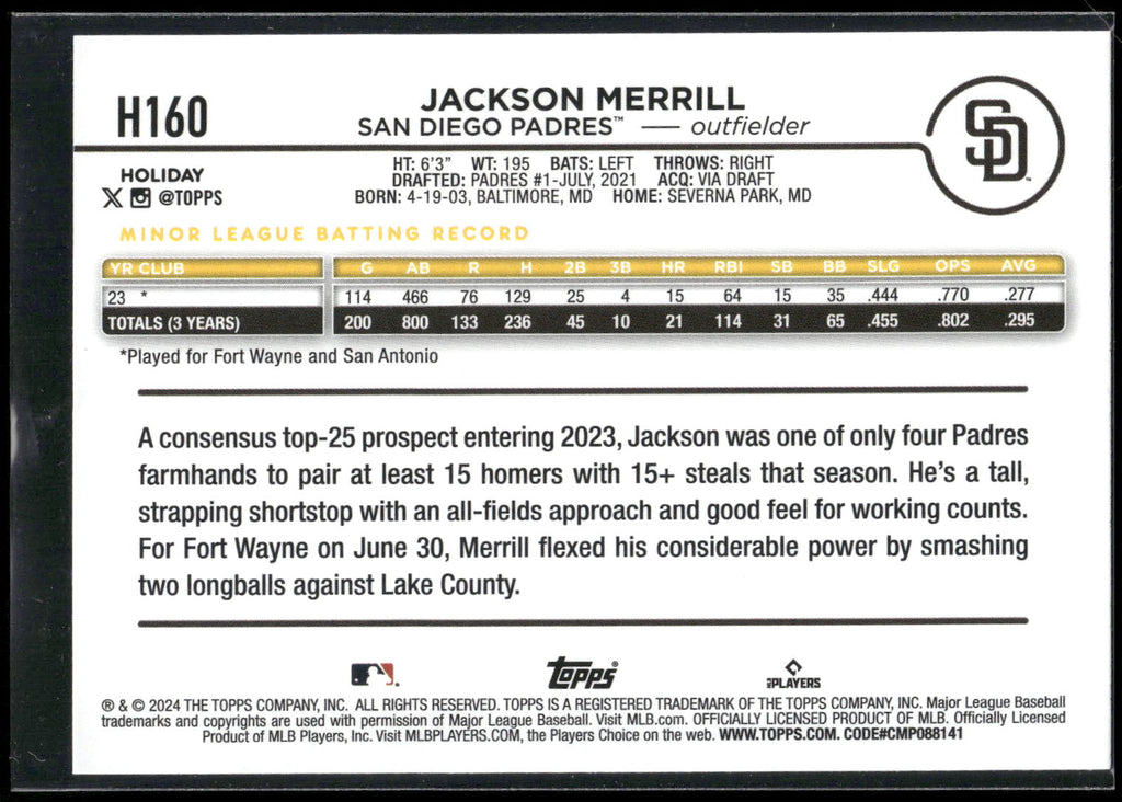 2024 Topps Holiday #H160b Jackson Merrill
