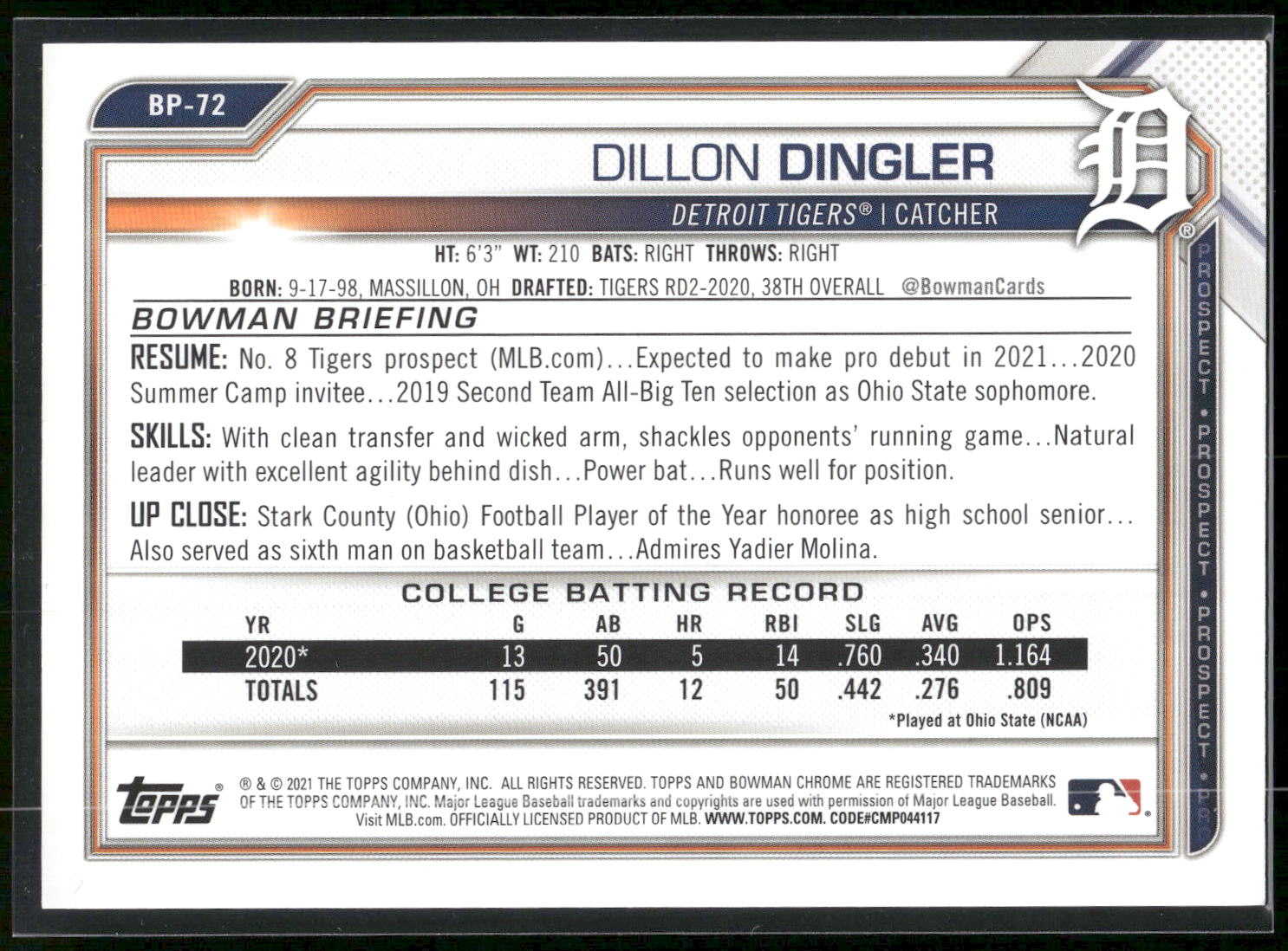 2021 Bowman #BP-72 Dillon Dingler Prospects Neon Green #/399
