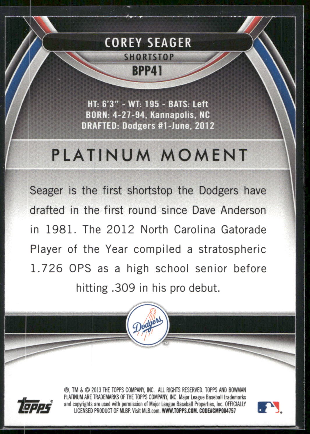 2013 Bowman Platinum #BPP41 Corey Seager Prospects