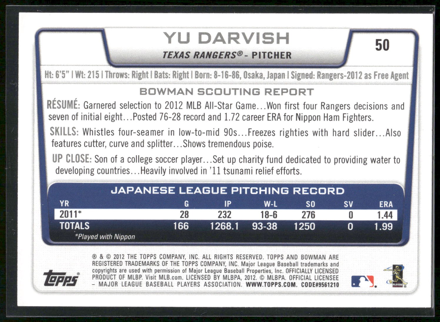 2012 Bowman Draft Picks & Prospects #50 Yu Darvish