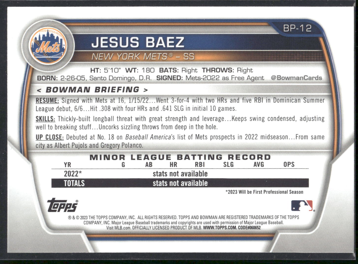 2023 Bowman #BP-12 Jesus Baez Prospects