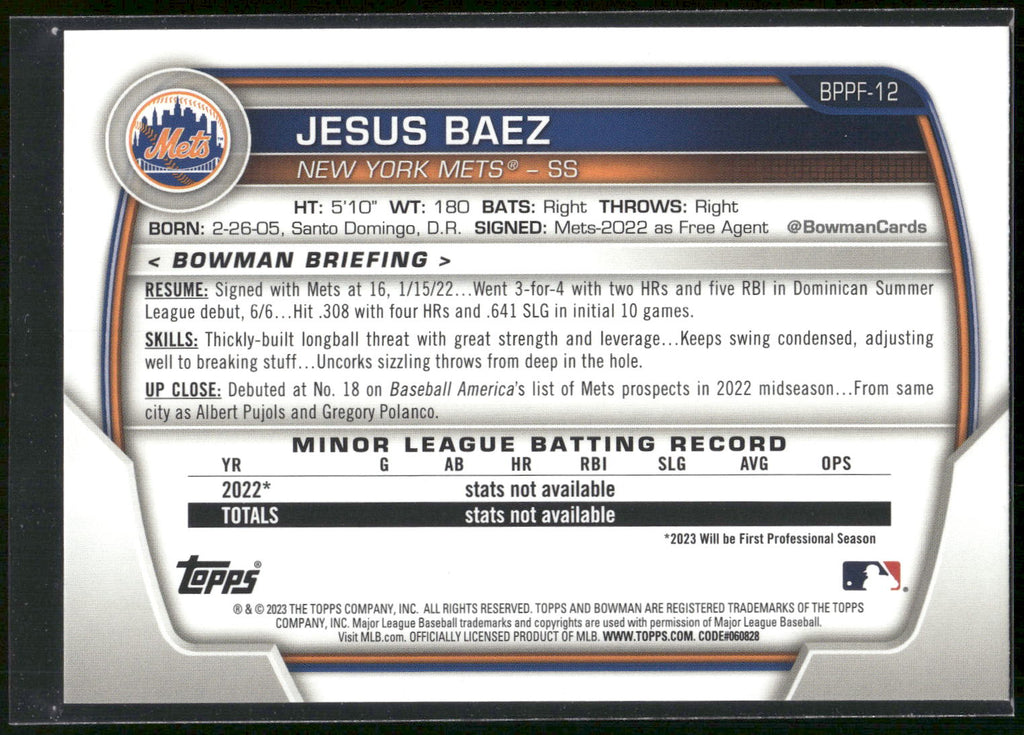2023 Bowman 1st Edition #BPPF-12 Jesus Baez