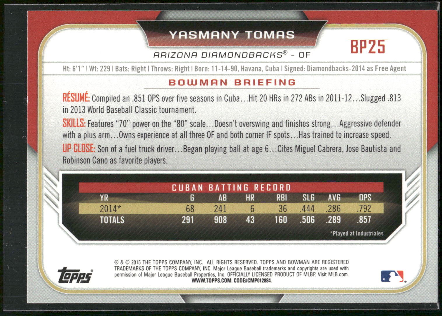 2015 Bowman #BP25 Yasmany Tomas Prospects Yellow