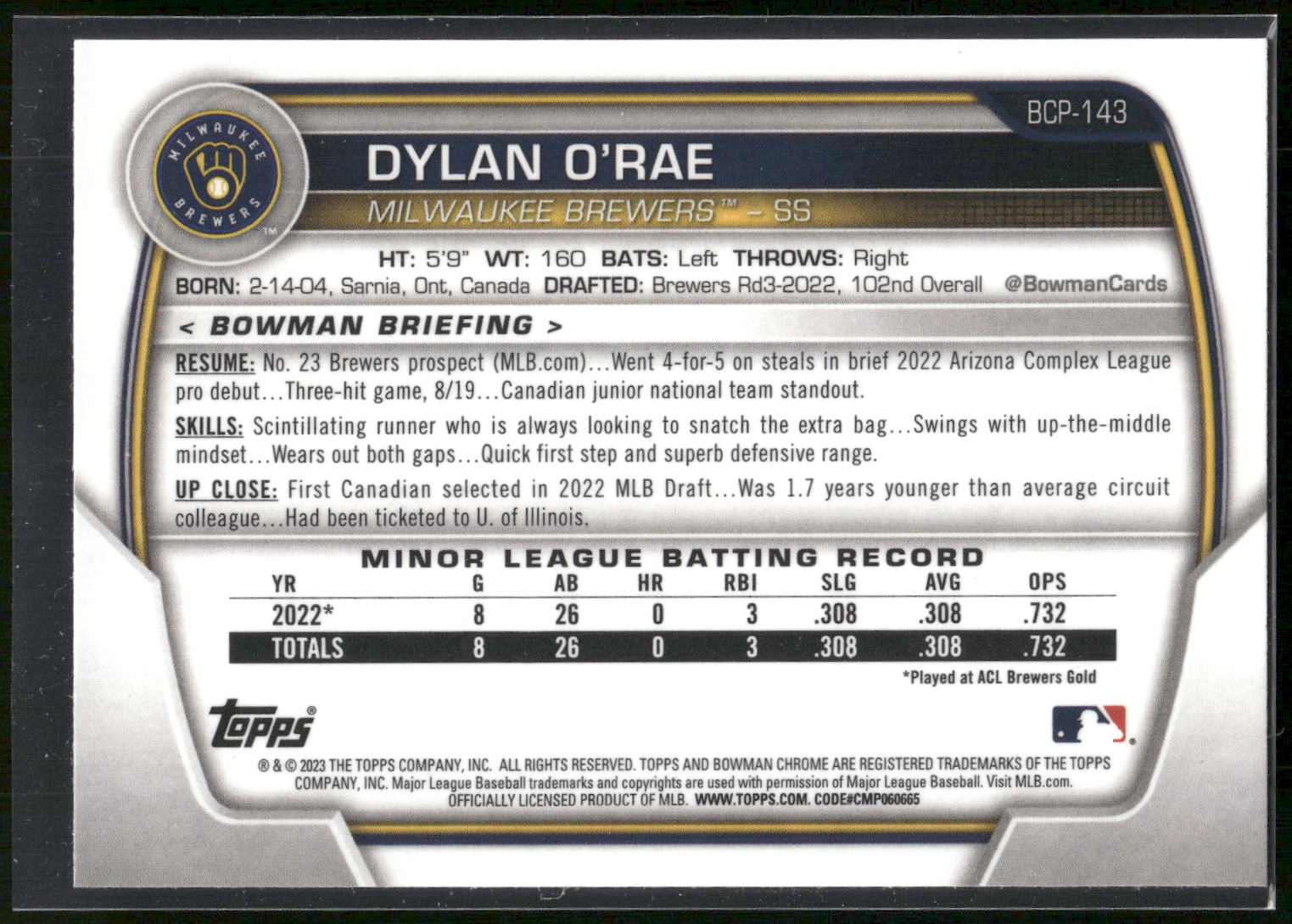 2023 Bowman #BCP-143 Dylan O'Rae Chrome Prospects Atomic Refractors