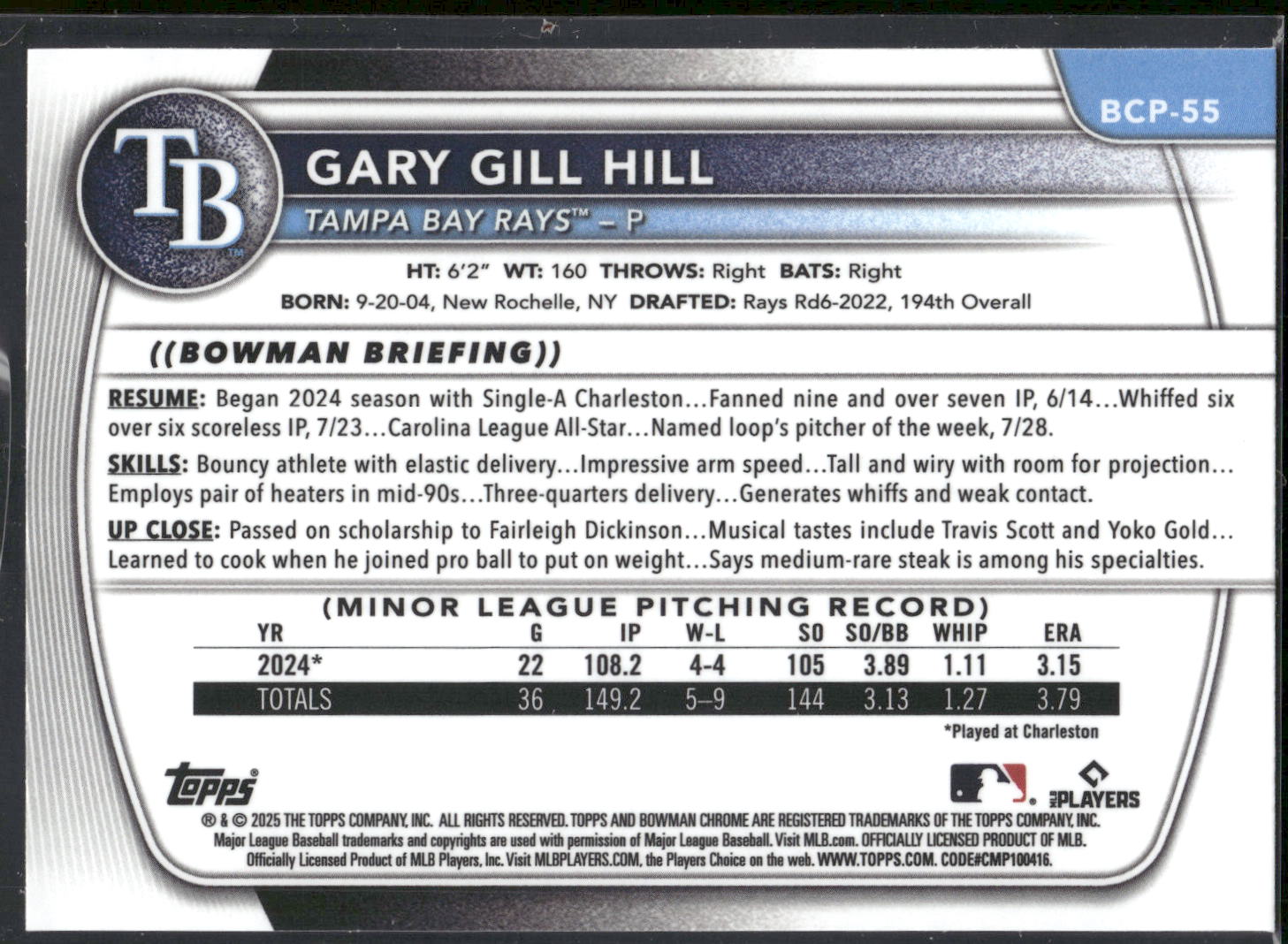2025 Bowman #BCP-55 Gary Gill Hill Chrome Prospects Reptilian Refractor