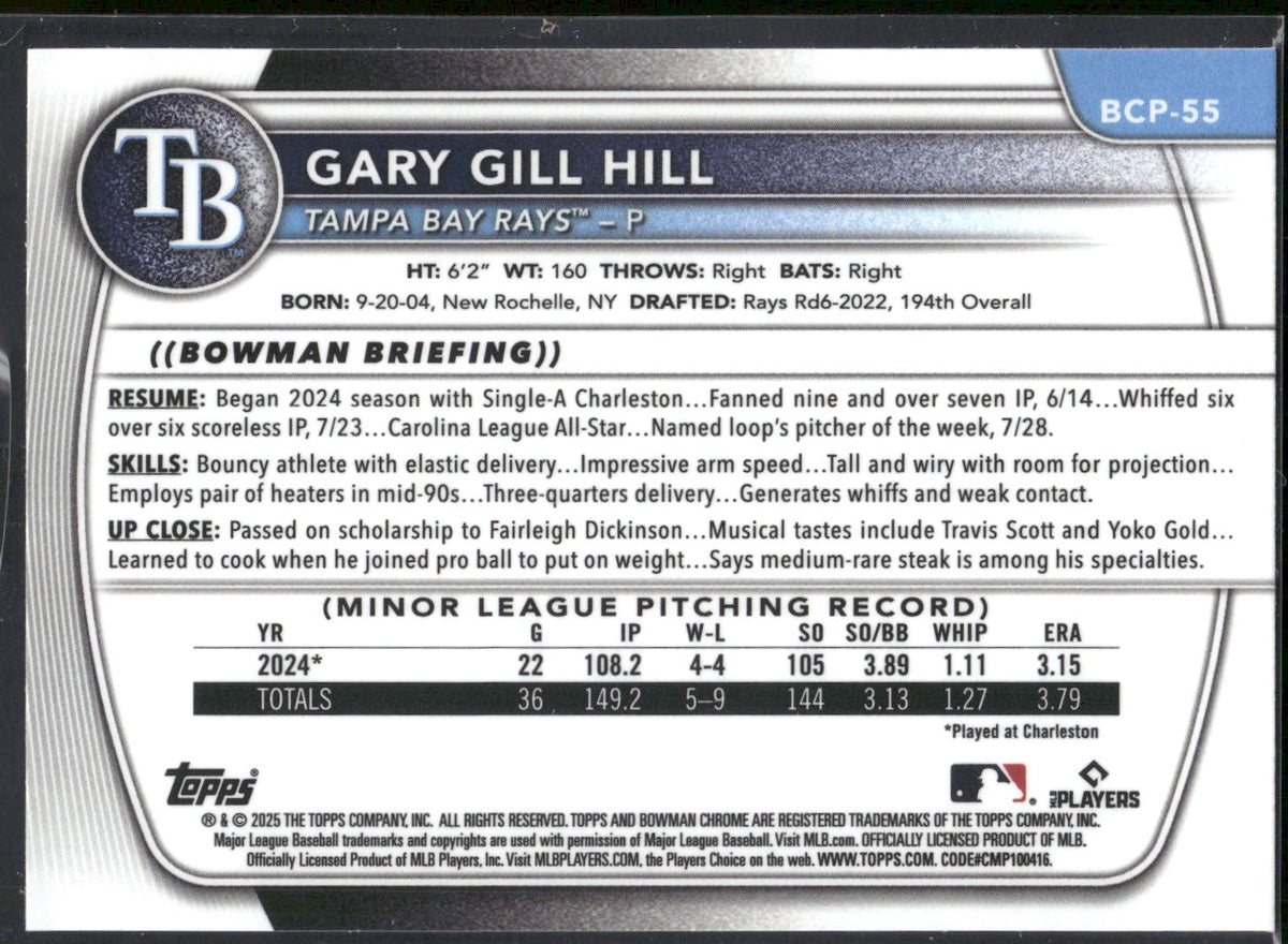2025 Bowman #BCP-55 Gary Gill Hill Chrome Prospects Reptilian Refractor