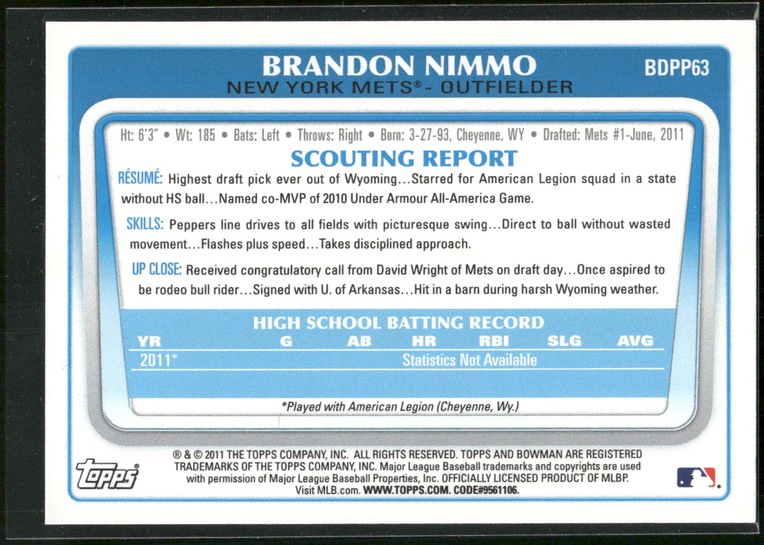 2011 Bowman Draft Picks & Prospects #BDPP63 Brandon Nimmo Prospects